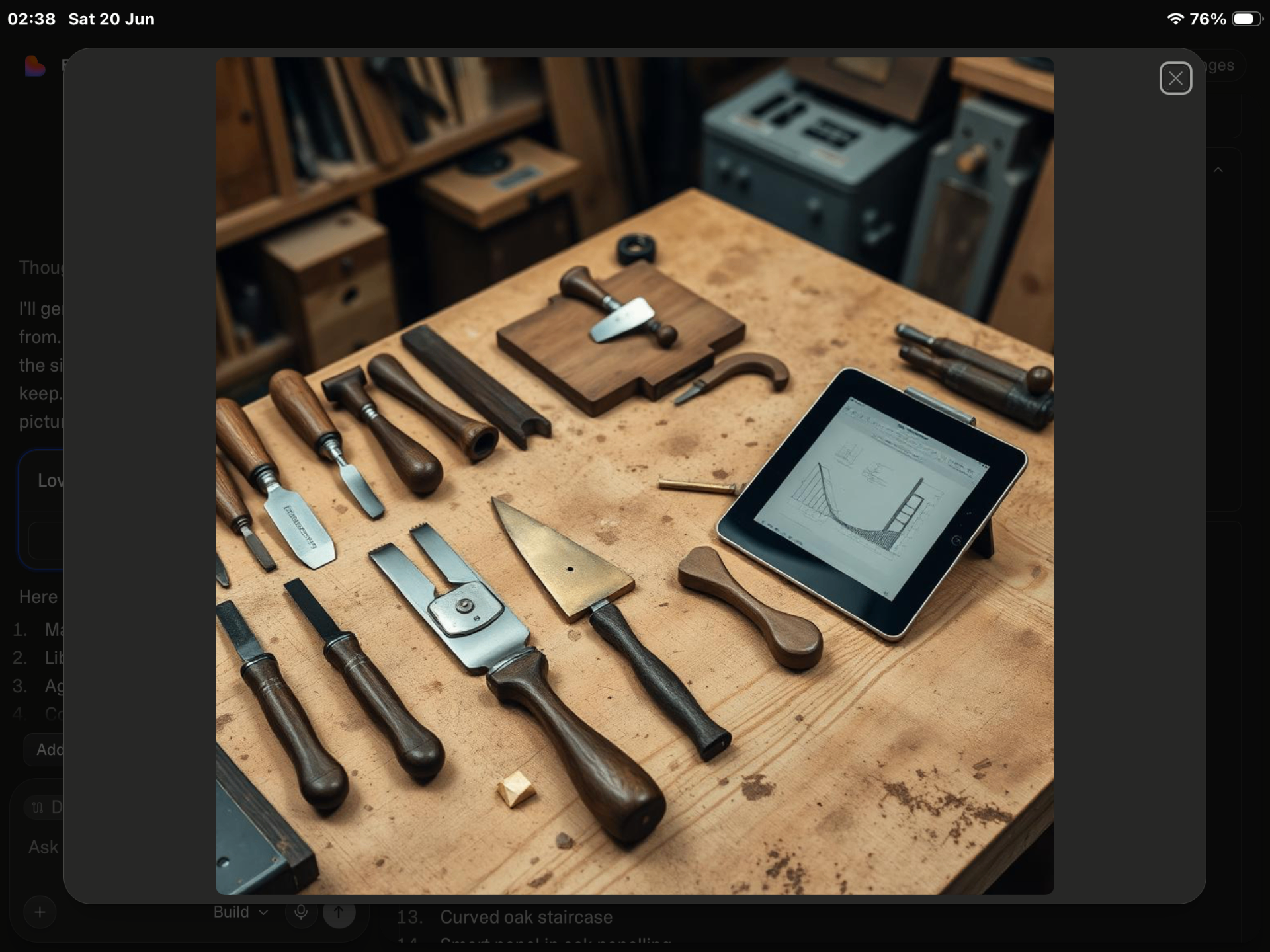 Heritage hand tools laid beside an iPad showing structural drawings